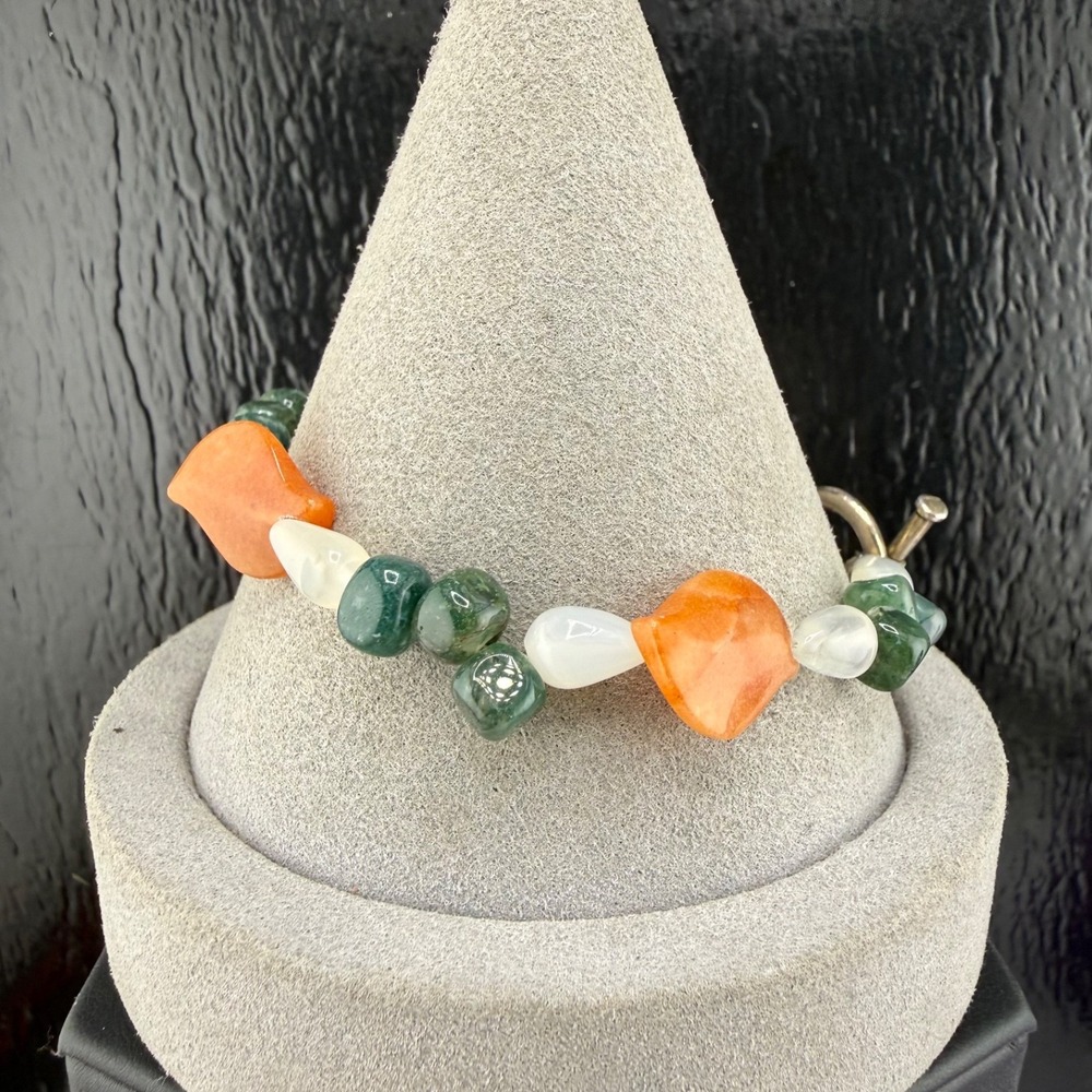 Polished Stone Beaded Bracelet Green White Orange Toggle 7.5in
